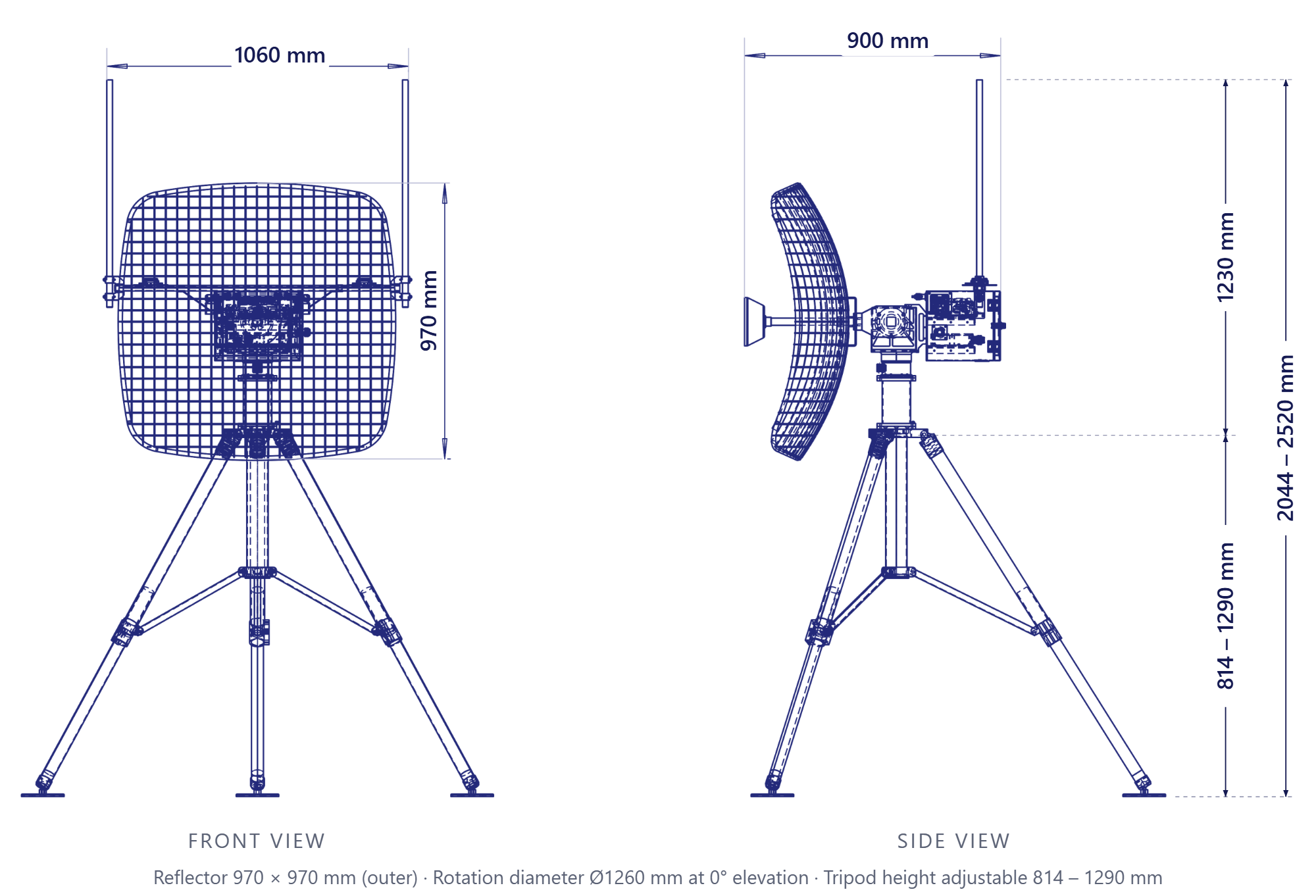 Ground Tracking Antenna System dimensions, front and side view