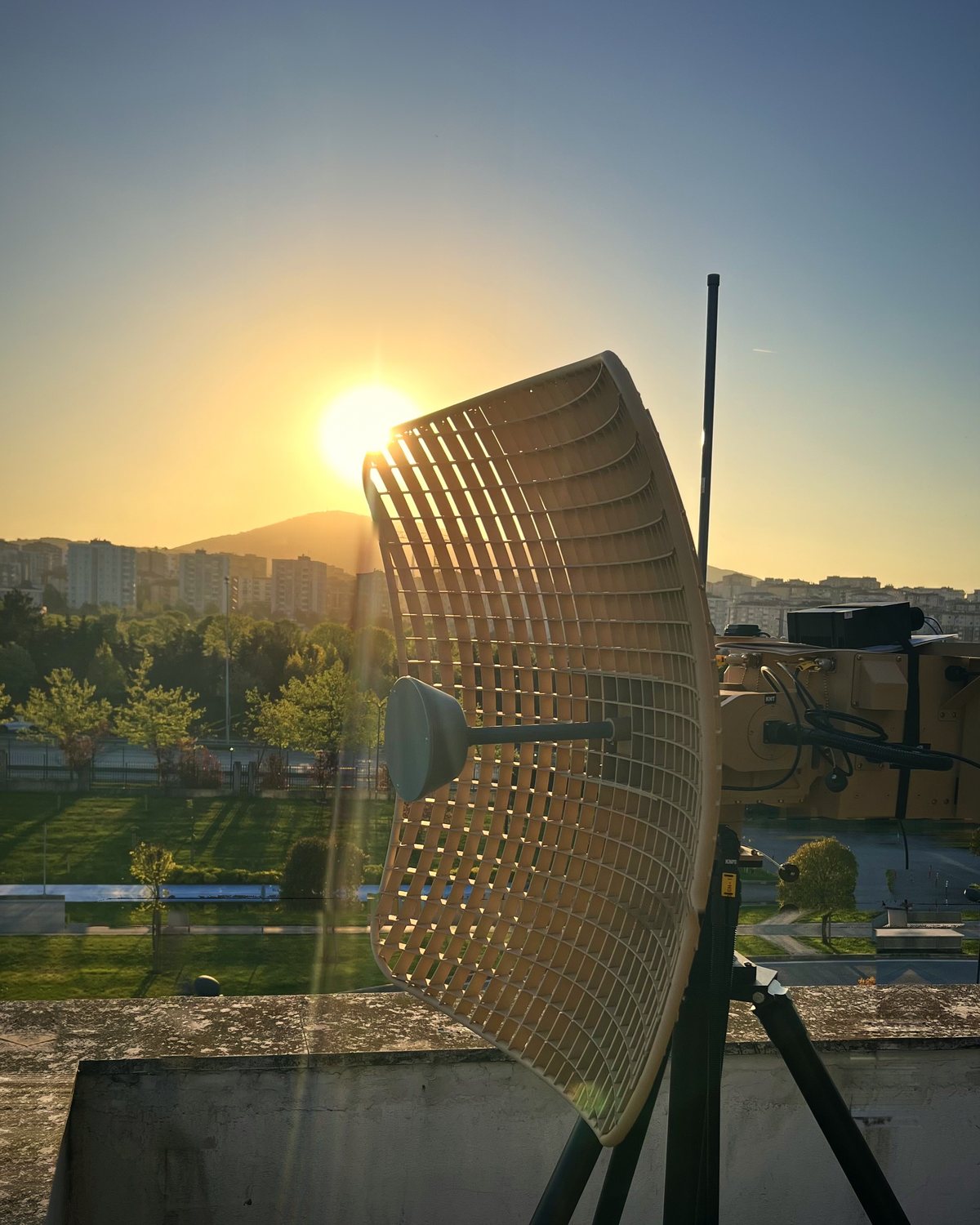 Ground Tracking Antenna System installed on site at sunset